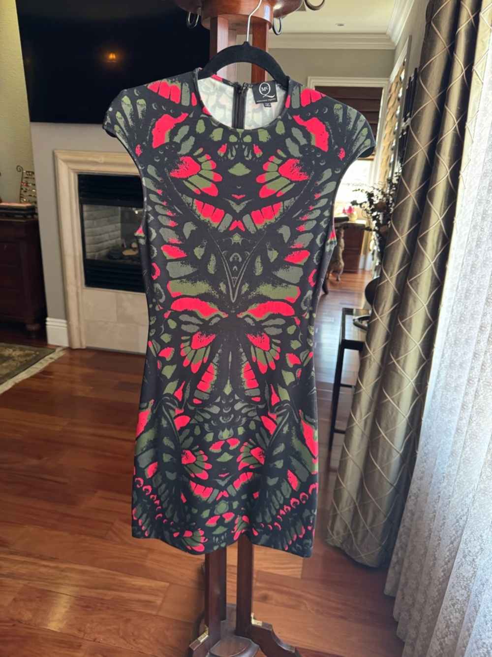 Alexander McQueen Black Mini Dress with Red and Olive Abstract Print